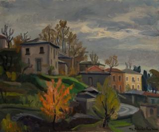 Zagora, View from Half-Built House, Rainy Side — Oil painting, Canvas, 46.00×55.00cm — Theodoros Markellos